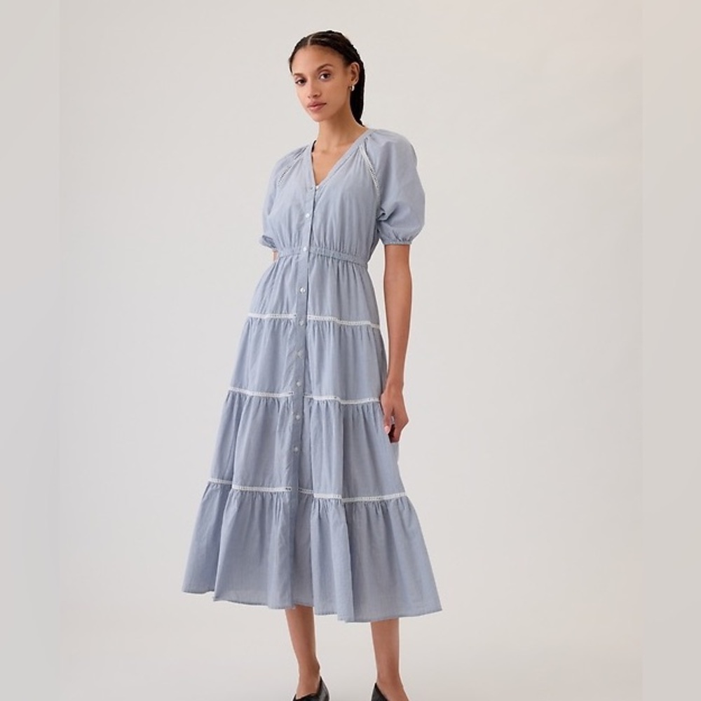 GAP Blue Ruffled Puff Sleeve Maxi Dress